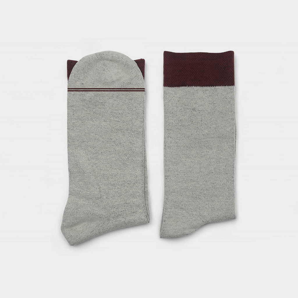 Men's Light Grey Socks With Burgundy Cuff - FTS01