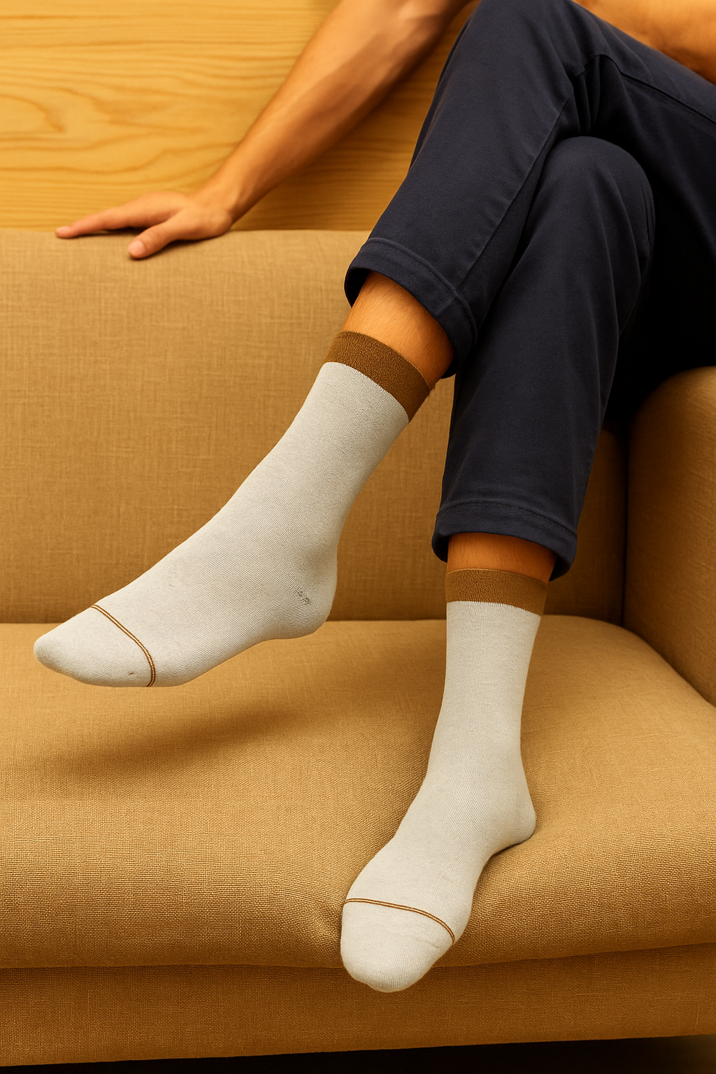 Men's Light Grey Socks With Brown Cuff - FTS01