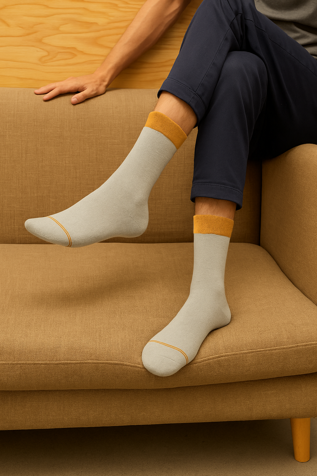 Men's Light Grey Socks With Gold Cuff - FTS01