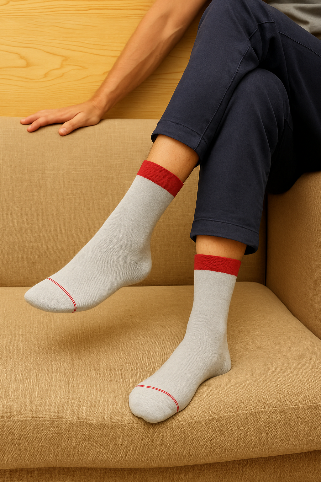 Men's Light Grey Socks with Red Cuff - FTS01