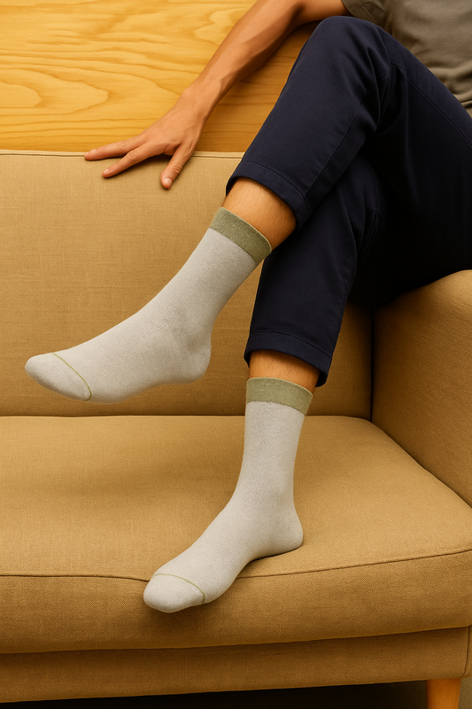 Men's Light Grey Socks With Sage Green Cuff - FTS01